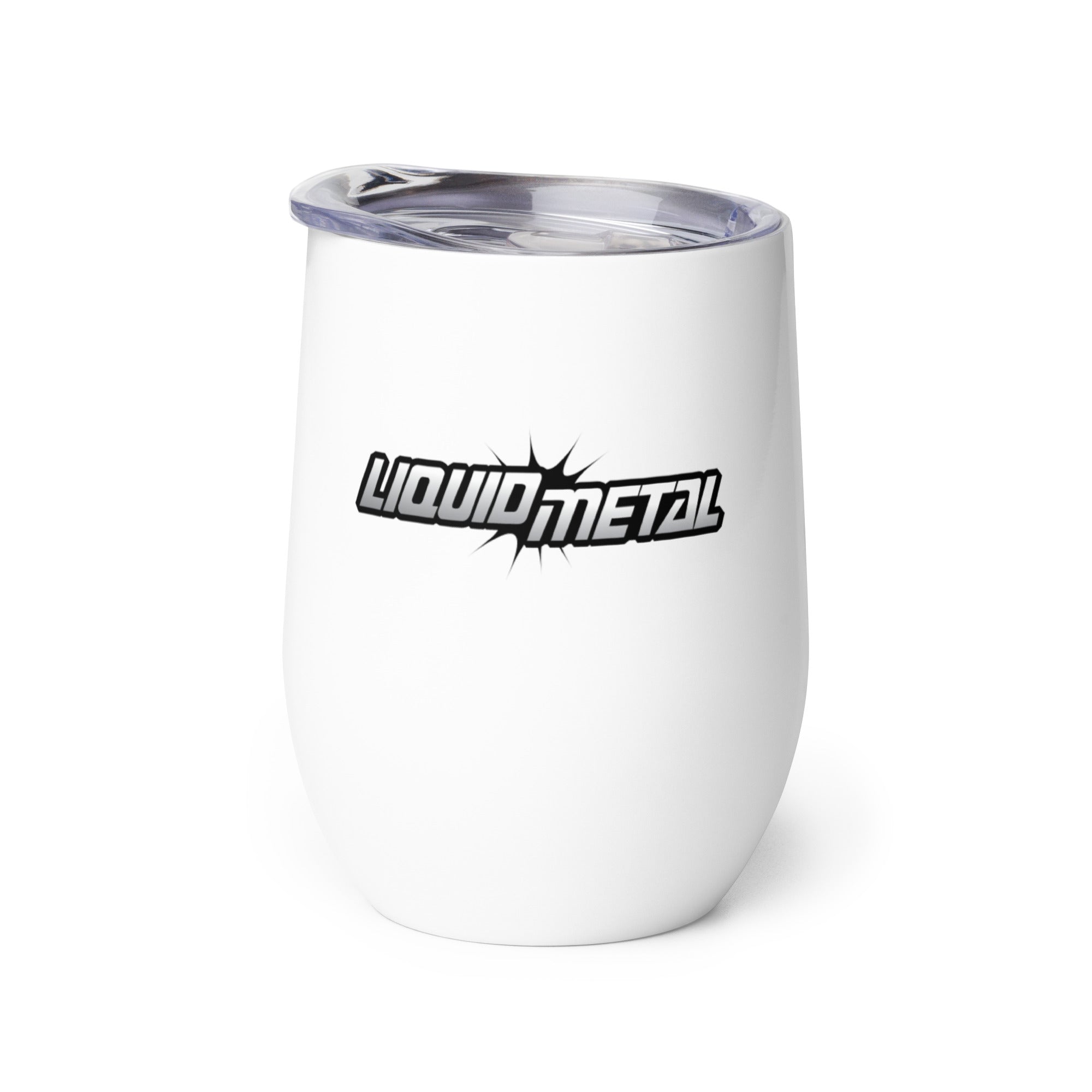 White insulated cup featuring a 'LIQUID METAL' logo in black.