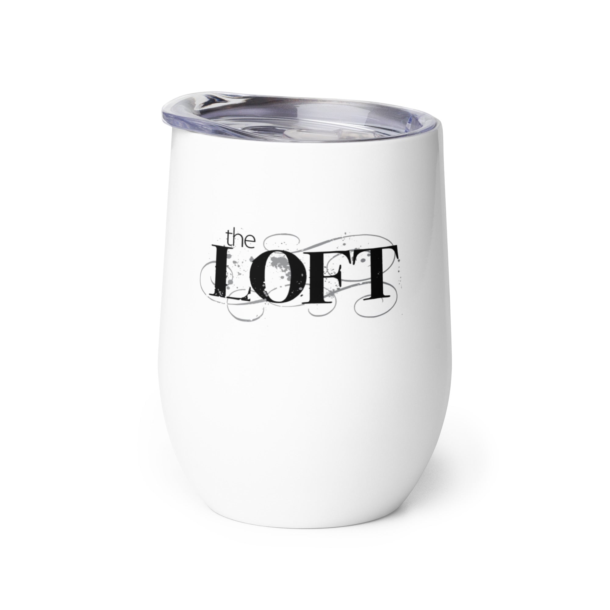 White insulated cup featuring the logo 'the LOFT' in stylized black text.