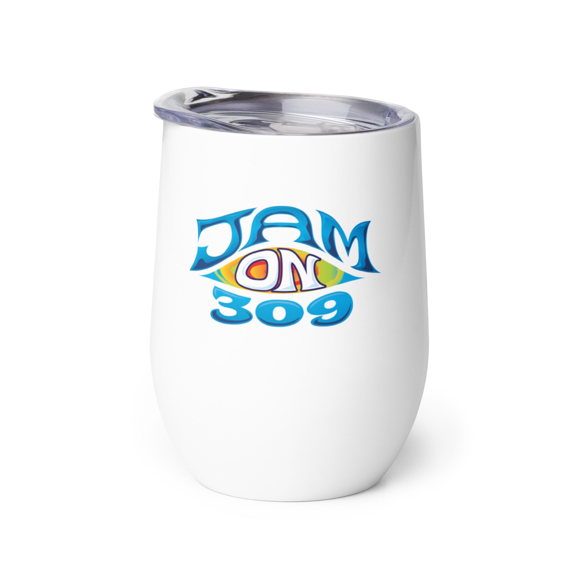 White insulated cup with 'JAM ON 309' graphic design in blue and multicolor.