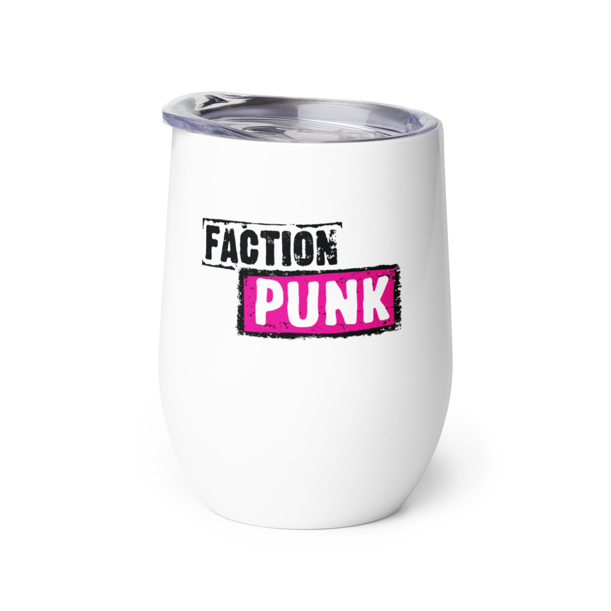White stainless steel tumbler with 'FACTION PUNK' graphic in black and pink.