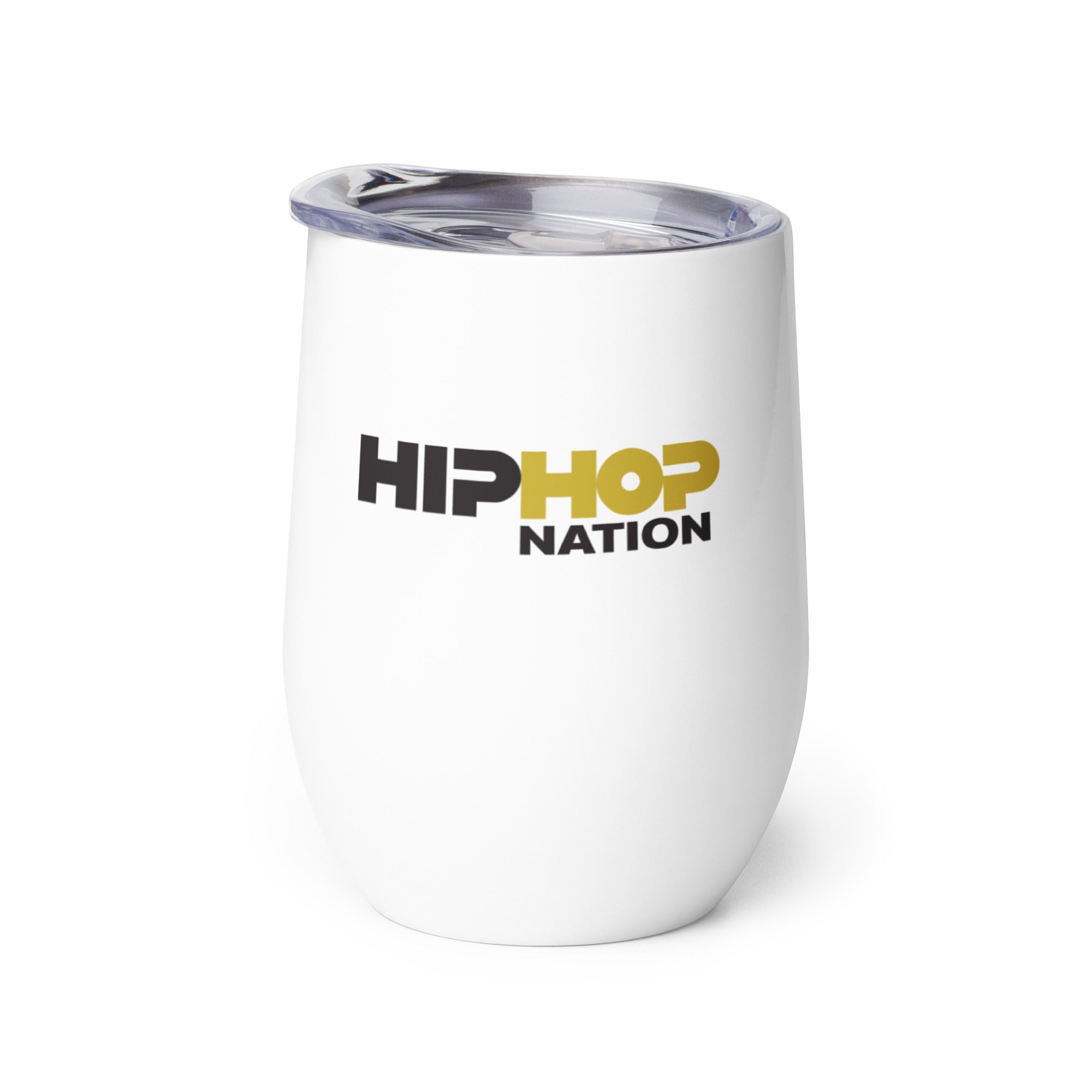 White insulated cup featuring the text 'HIP HOP NATION' in black and gold.