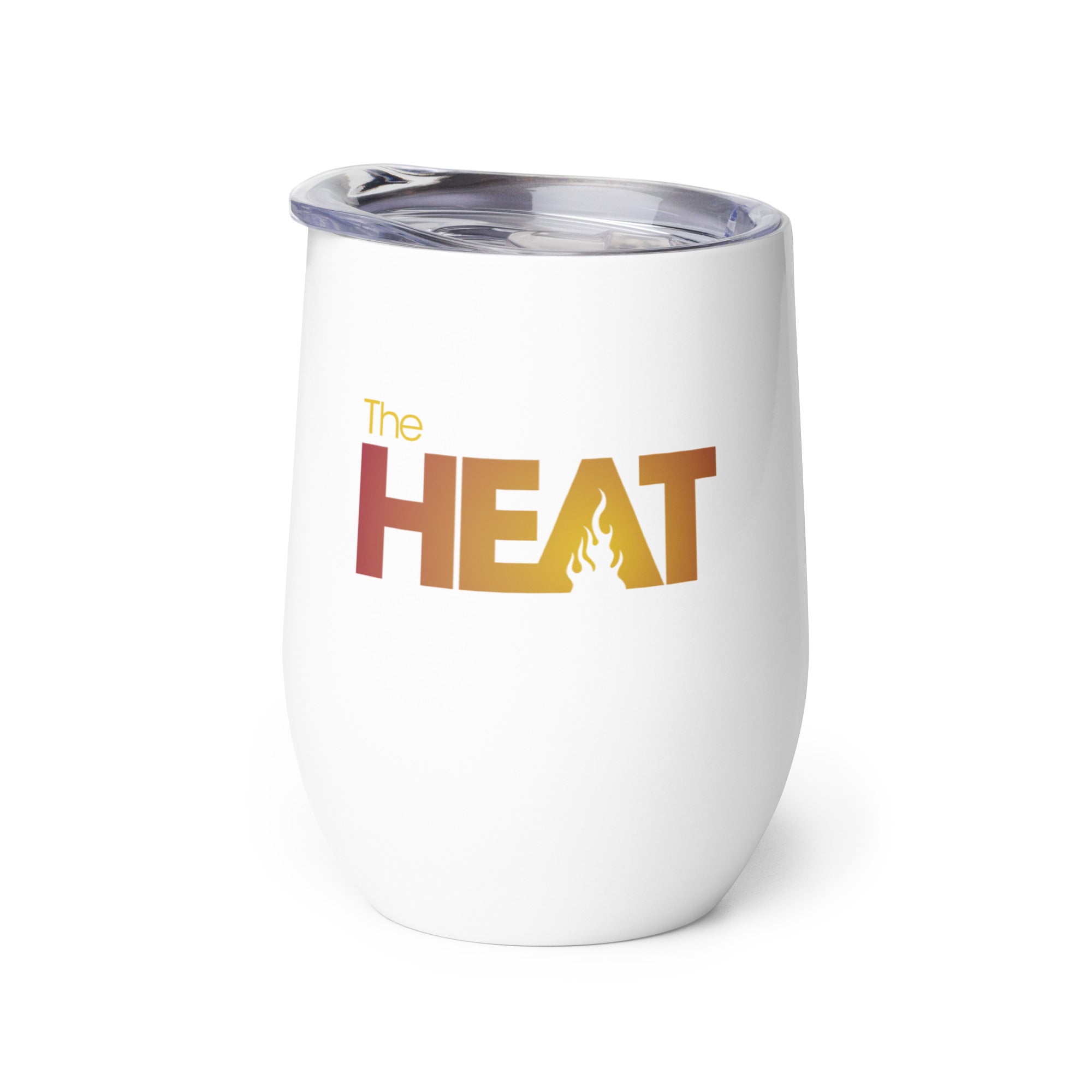 White insulated tumbler featuring the text 'The HEAT' with a flame icon.