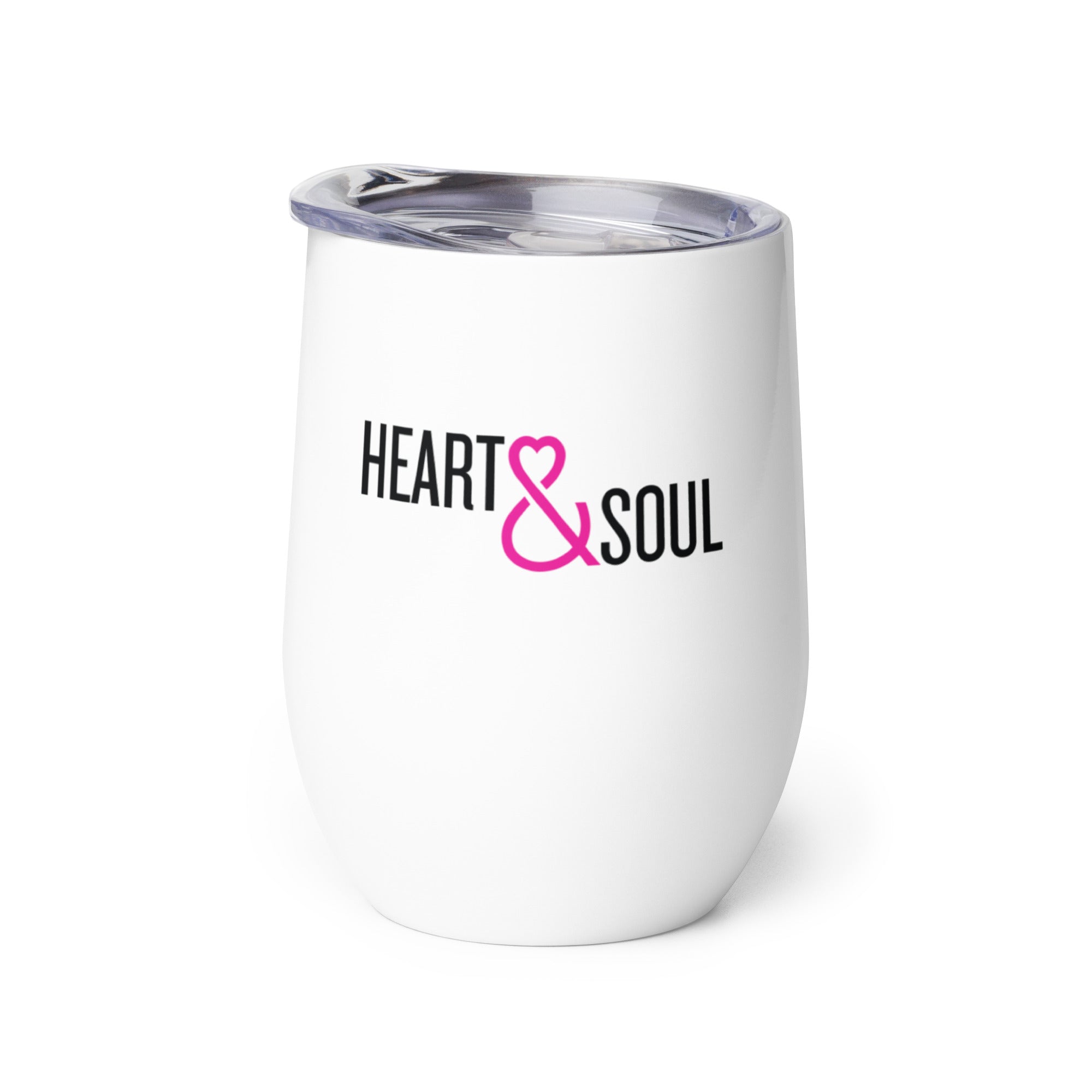 White tumbler with the text 'HEART & SOUL' in black and pink, featuring a heart symbol in place of 'and'.