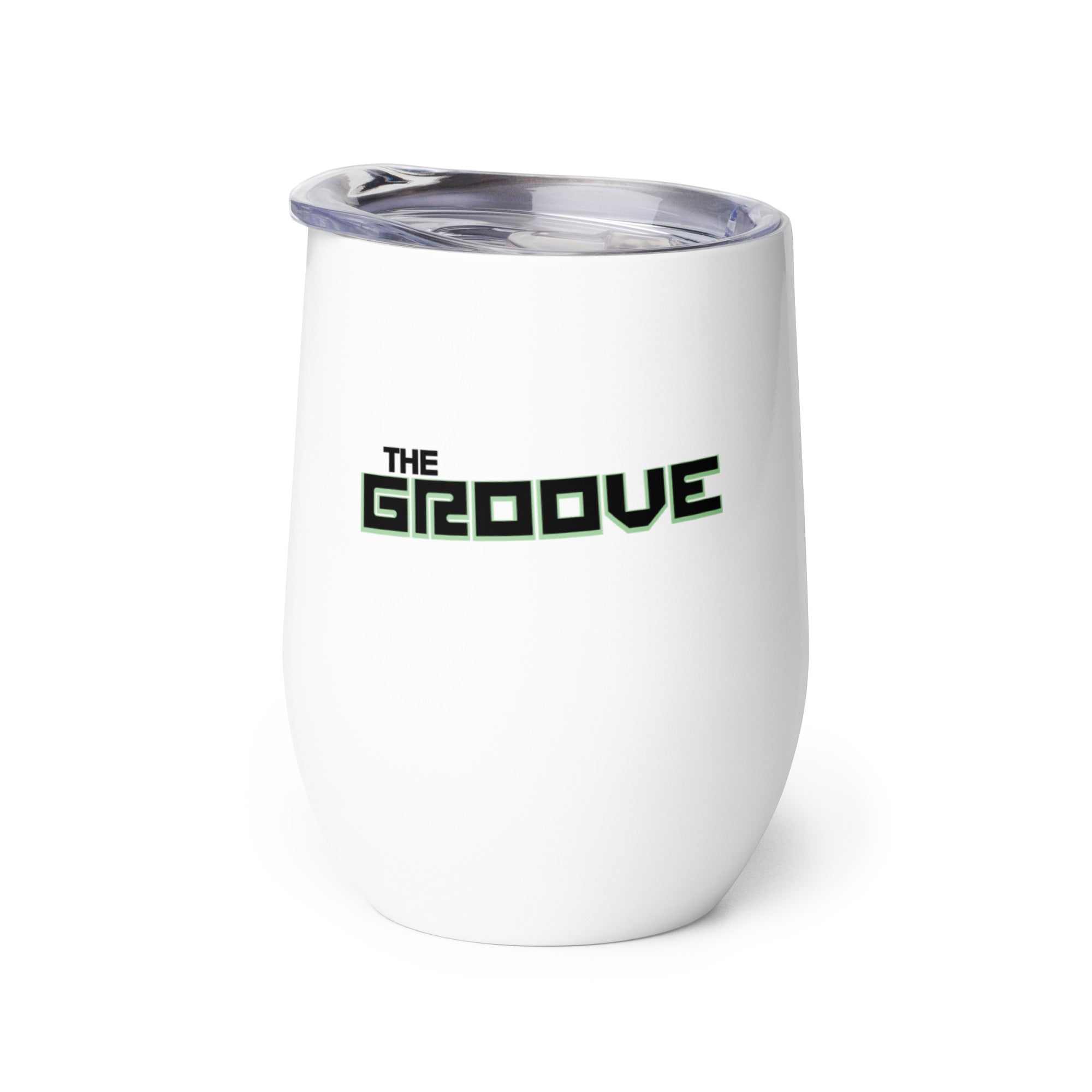 White insulated tumbler with 'THE GROOVE' text in green and black.