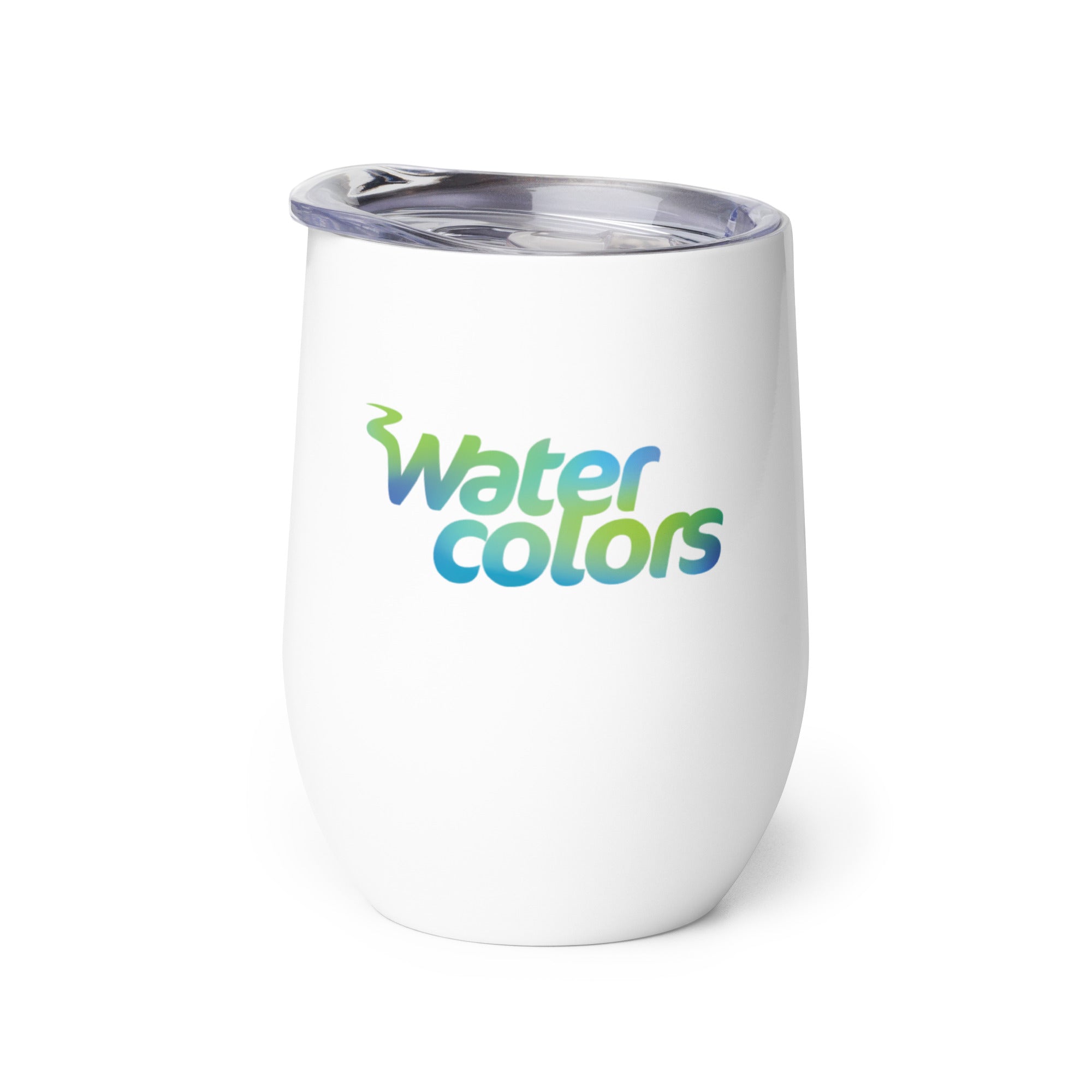 White tumbler with a transparent lid featuring the logo 'Water Colors' in blue and green.