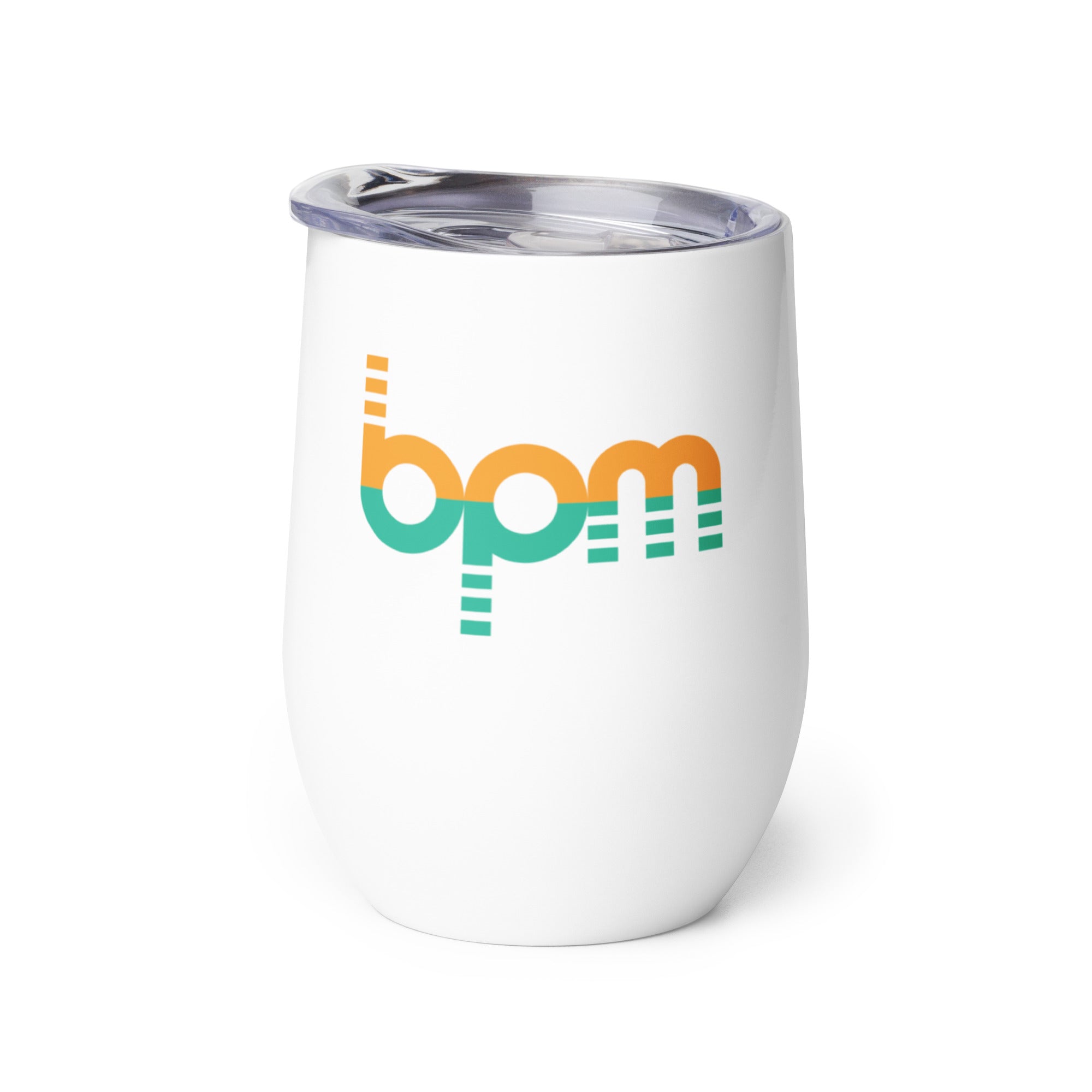 White insulated tumbler with colorful 'bpm' logo design.