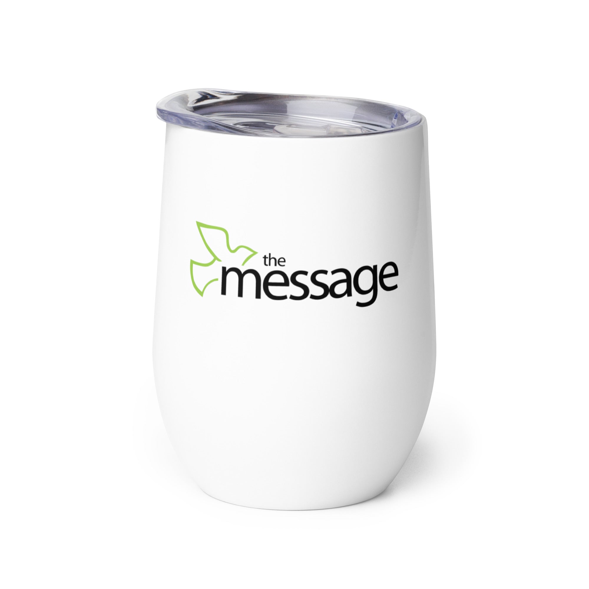 White insulated tumbler with a clear lid, featuring the logo 'the message' in black with green accents.