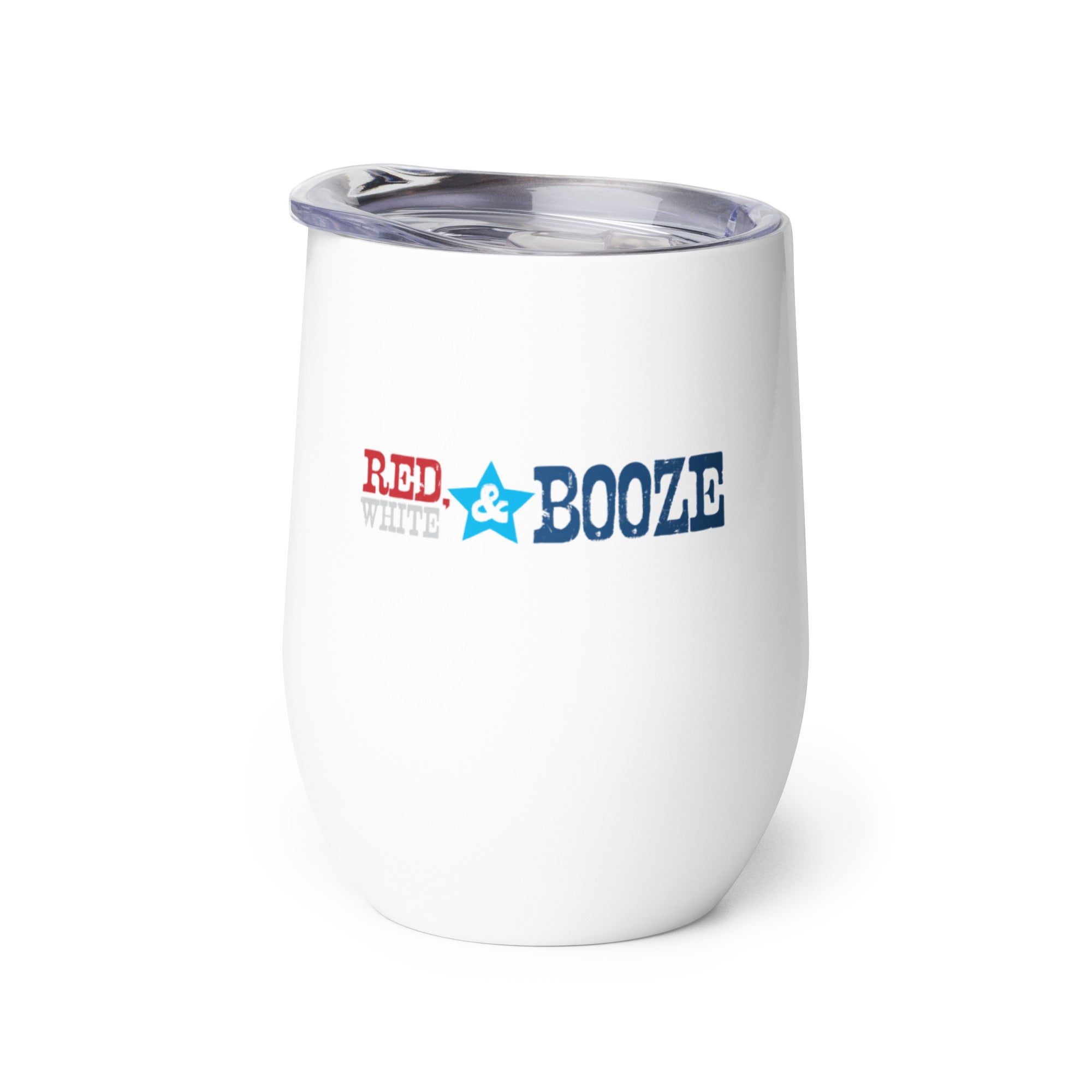 White insulated cup with 'RED, WHITE & BOOZE' printed in red, white, and blue.