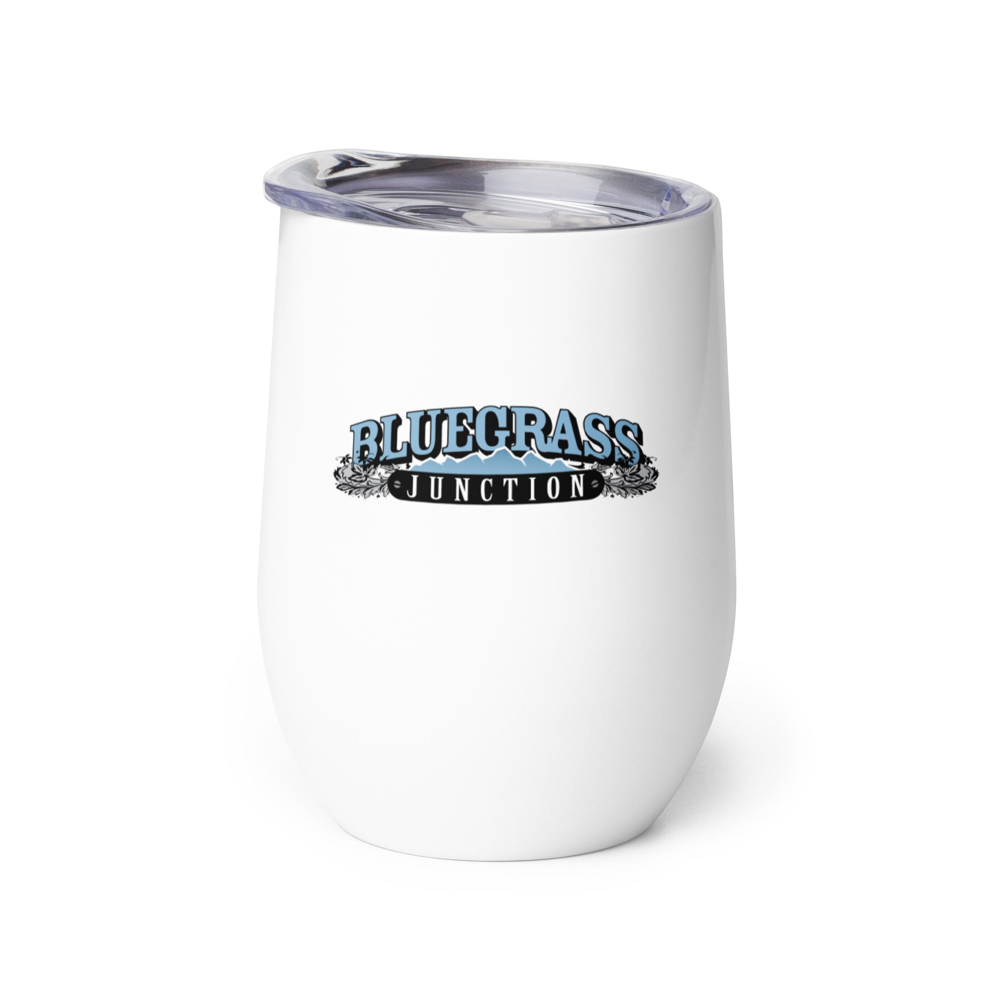 White insulated tumbler with a 'Bluegrass Junction' logo printed on the front.