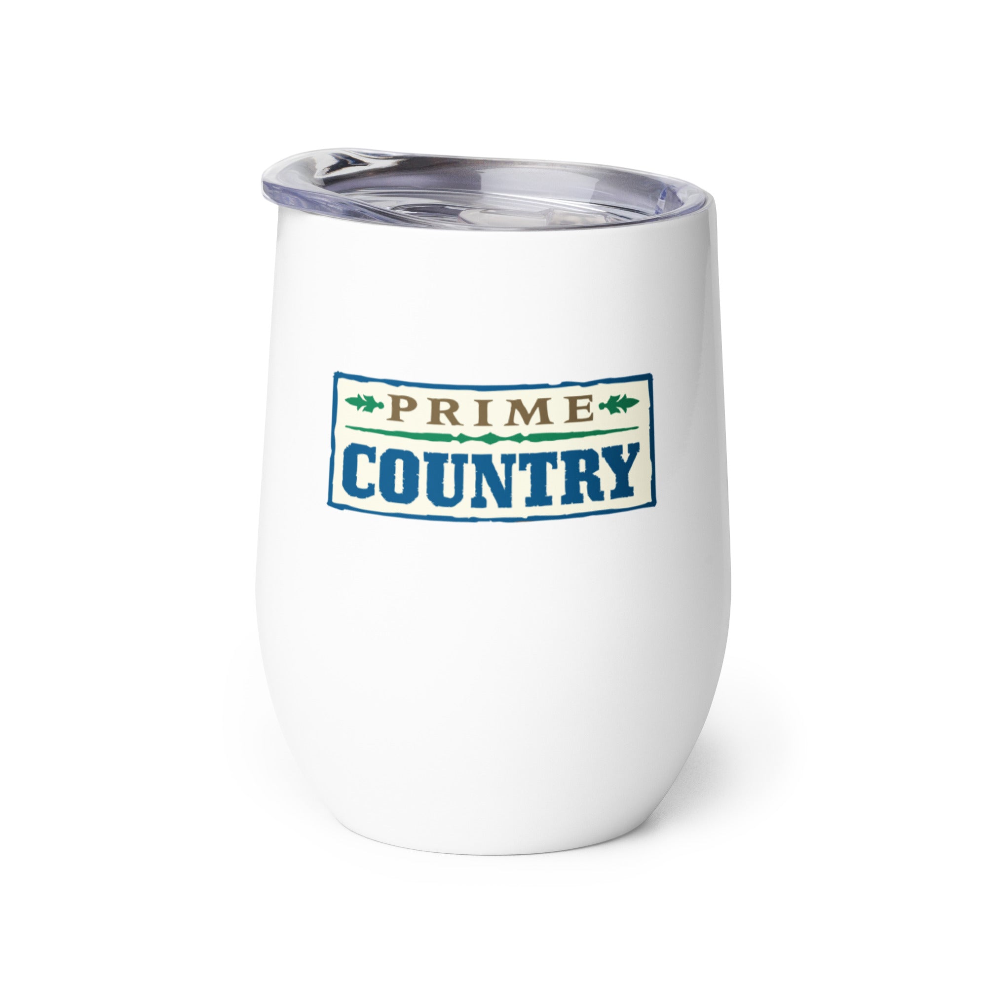 White insulated tumbler with 'PRIME COUNTRY' logo in green, brown, and blue.