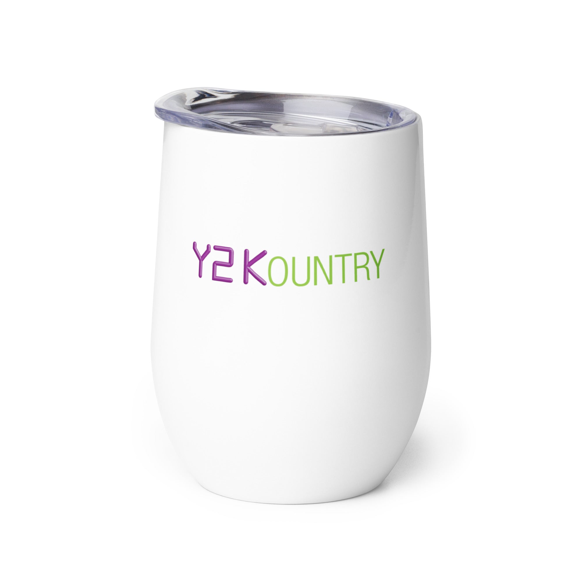 White insulated tumbler with a clear lid featuring the text 'Y2KOUNTRY' in purple and green letters.