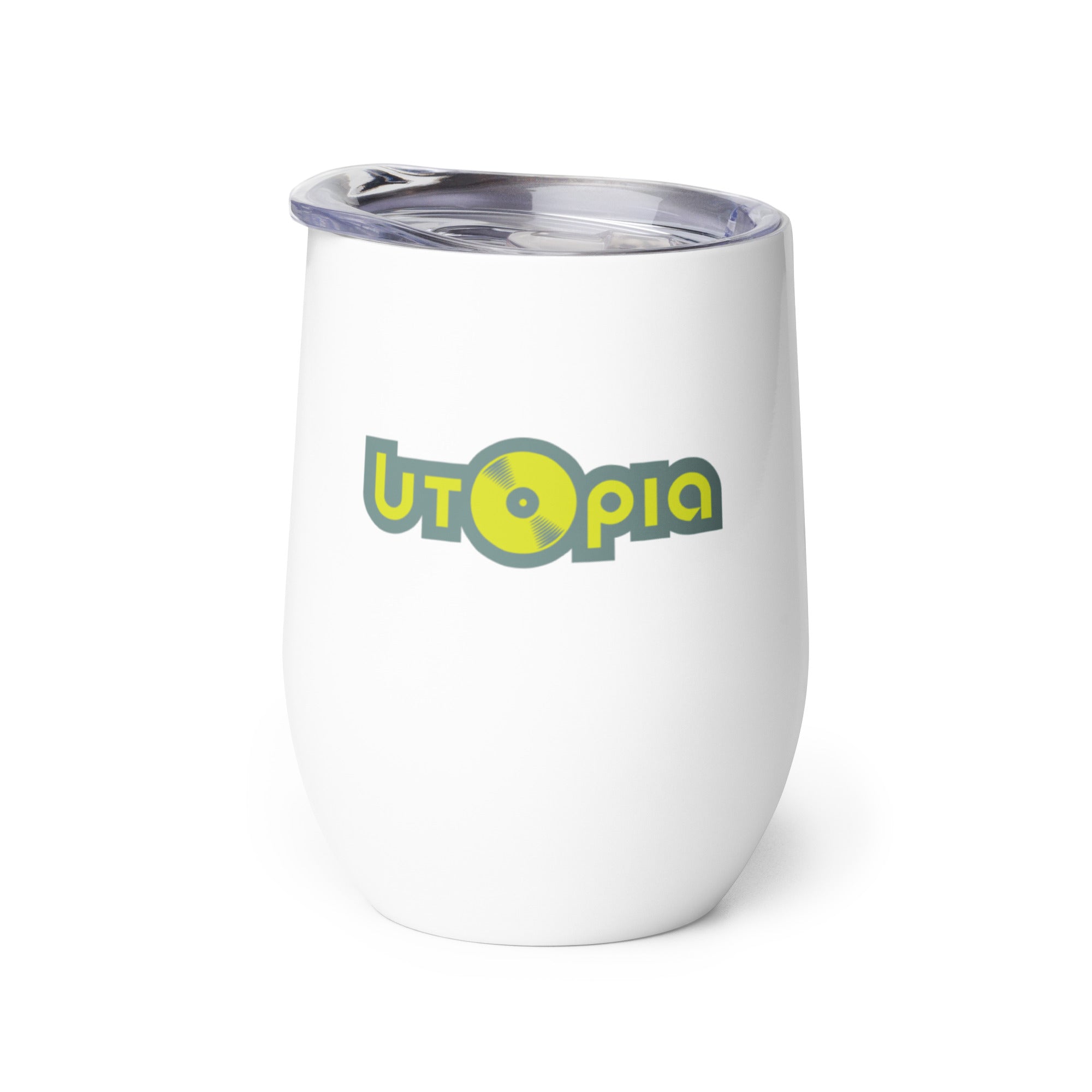 White insulated mug with 'Utopia' logo featuring a yellow vinyl record design.