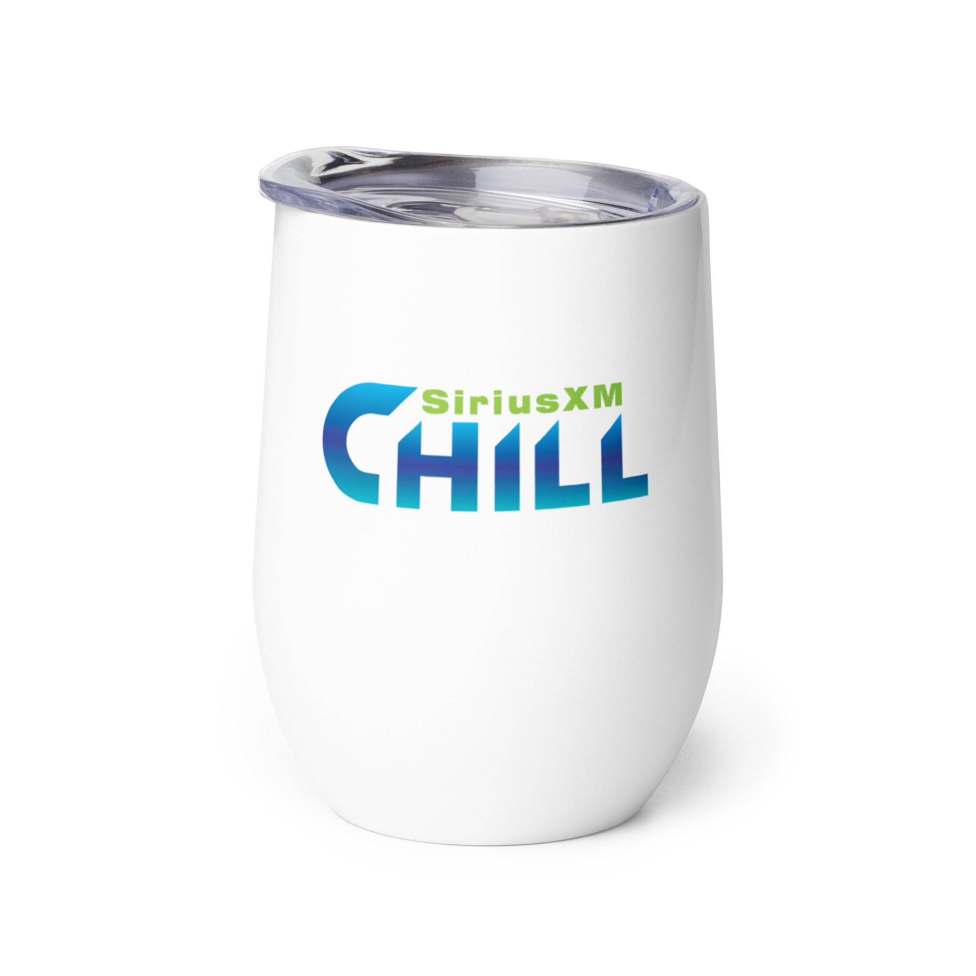 White tumbler with a clear lid featuring the 'SiriusXM Chill' logo.