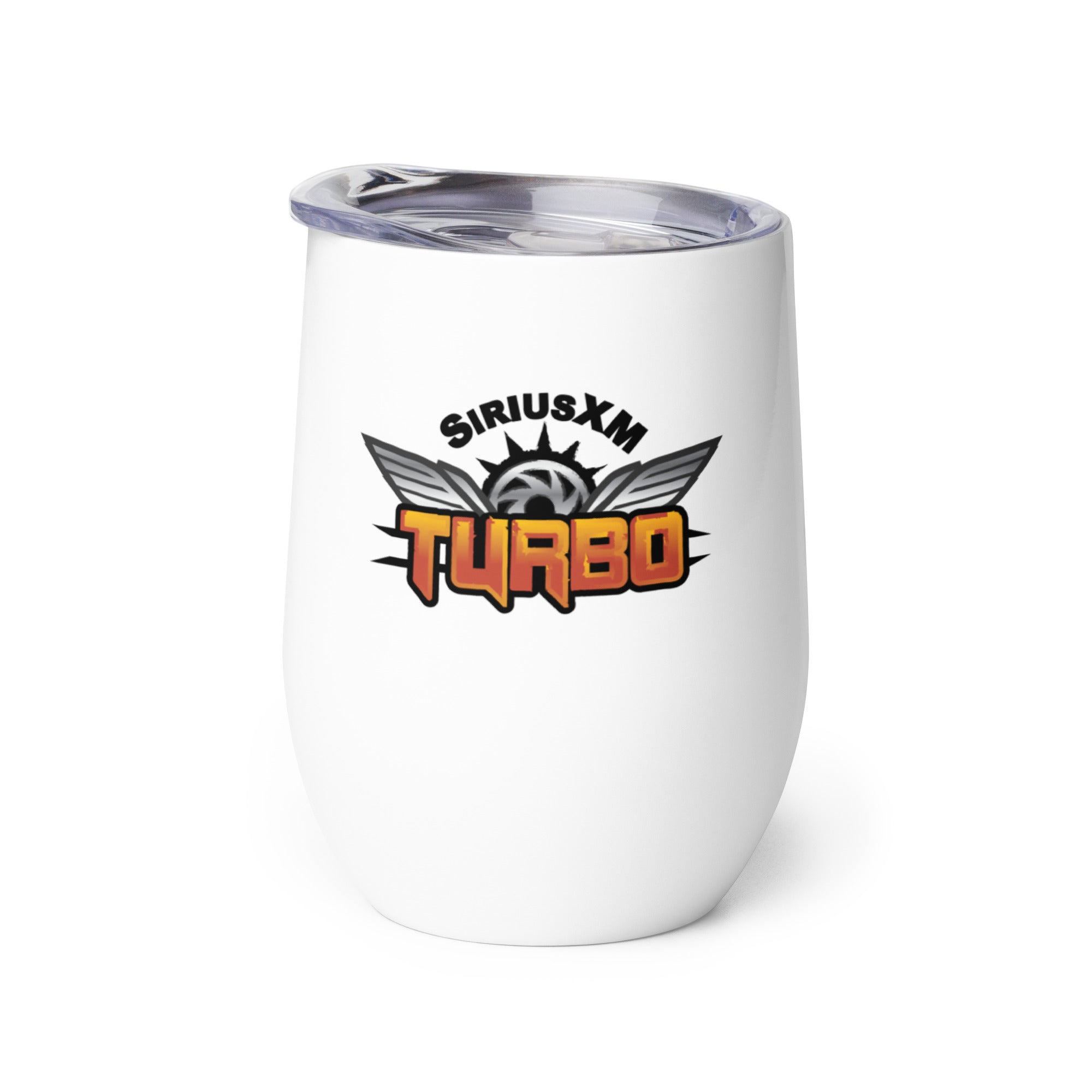 White stainless steel tumbler with 'SiriusXM Turbo' logo featuring wings and bold text.