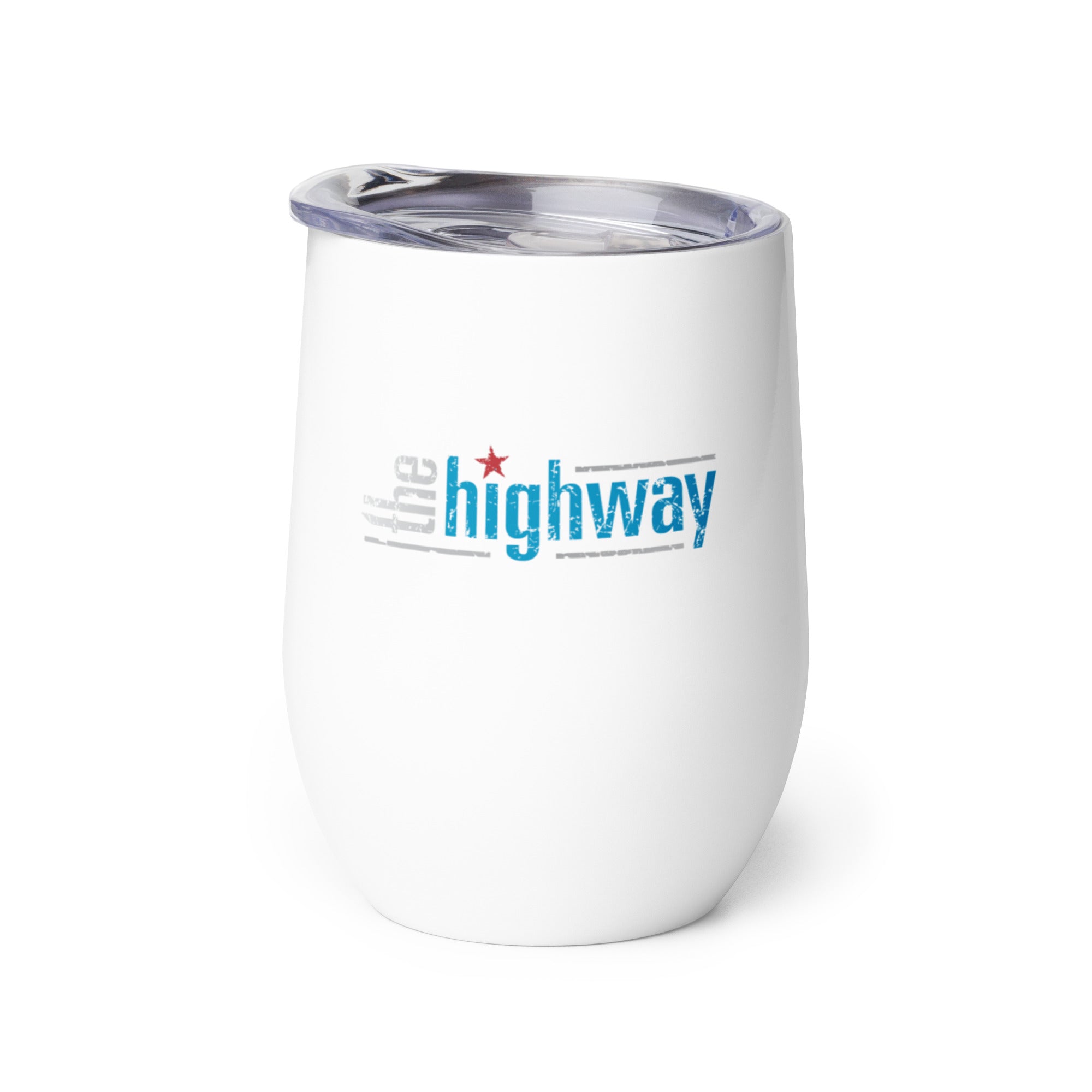 White tumbler with a lid featuring the text 'the highway' in blue and gray.