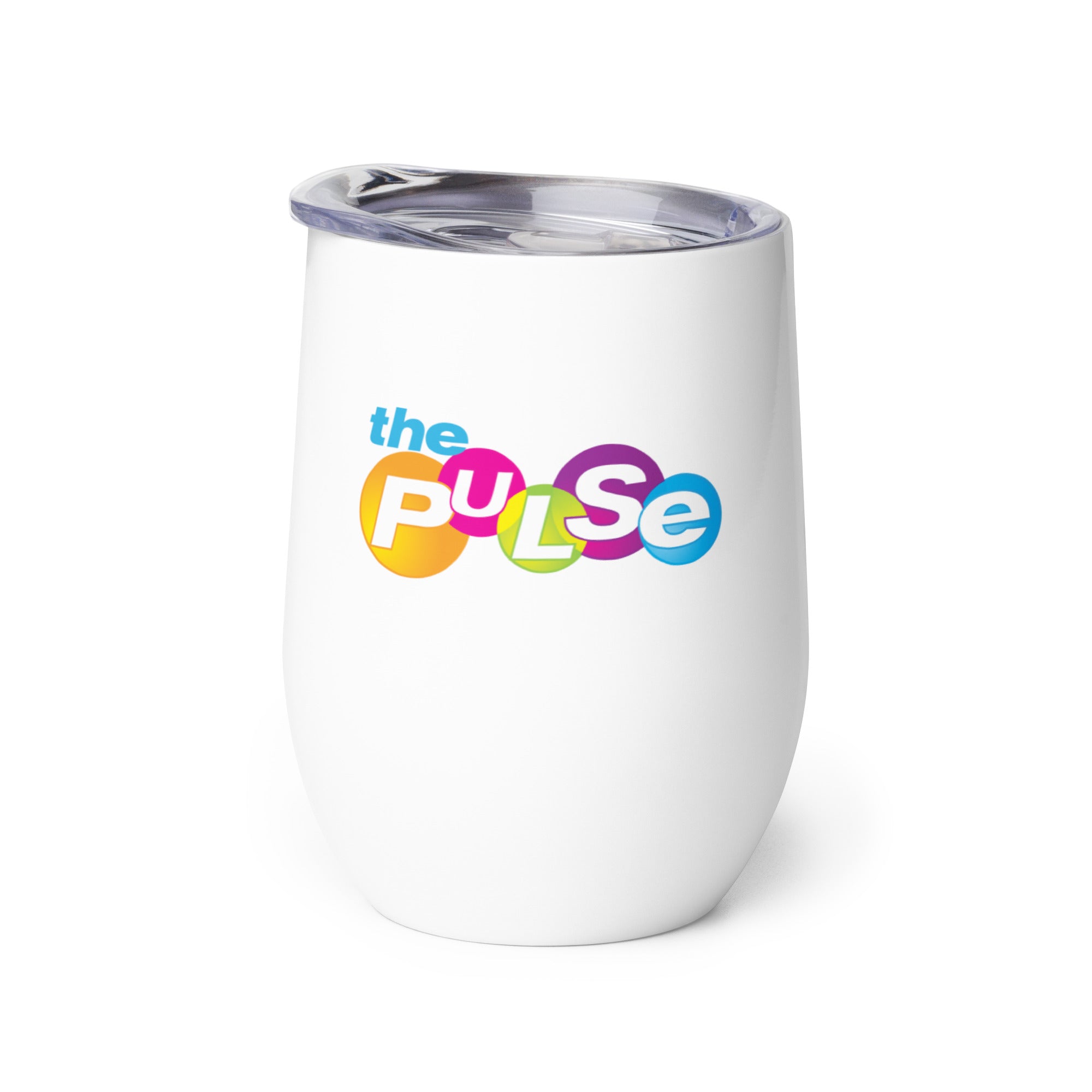 White tumbler with the text 'the PULSE' in colorful circular letters.