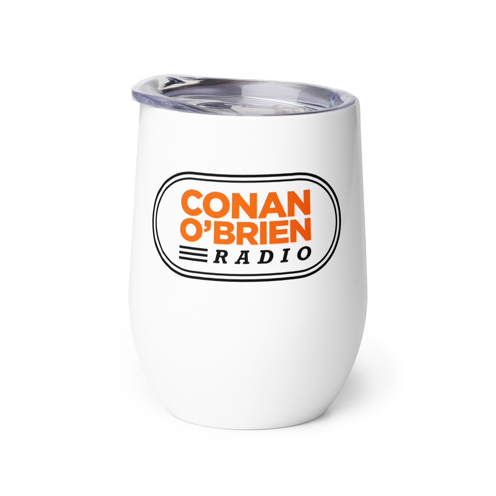 White tumbler with 'CONAN O'BRIEN RADIO' logo in black and orange.
