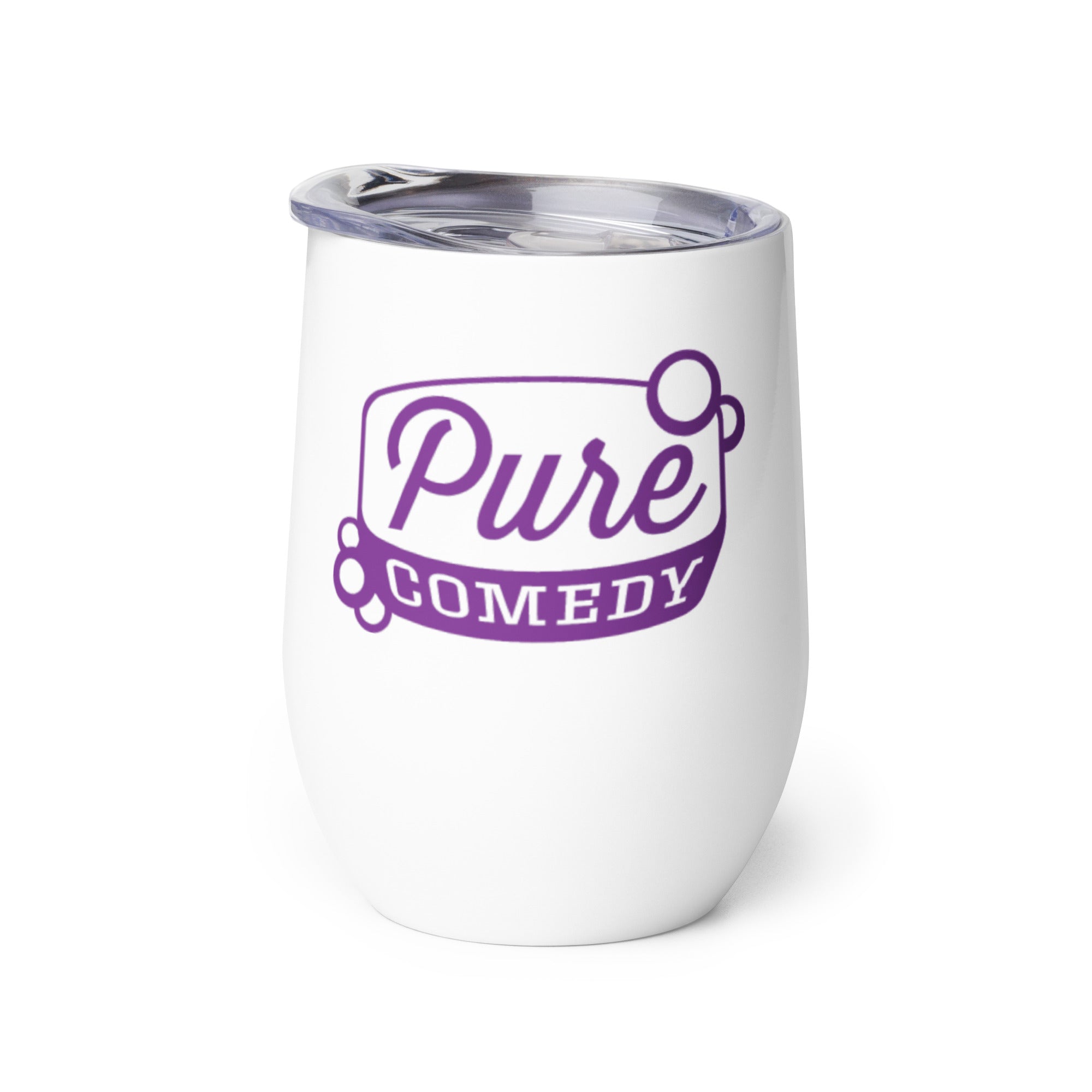 White insulated tumbler with a purple design that reads 'Pure Comedy' on the front.