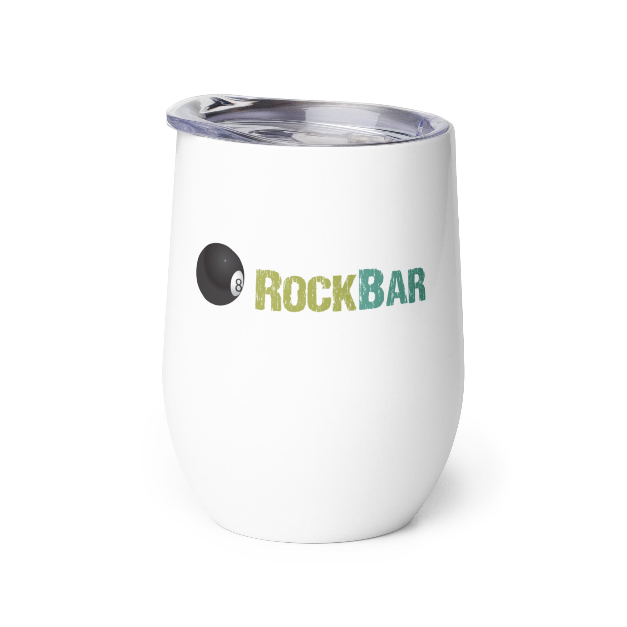 White insulated tumbler with 'RockBar' logo and a black 8-ball design.