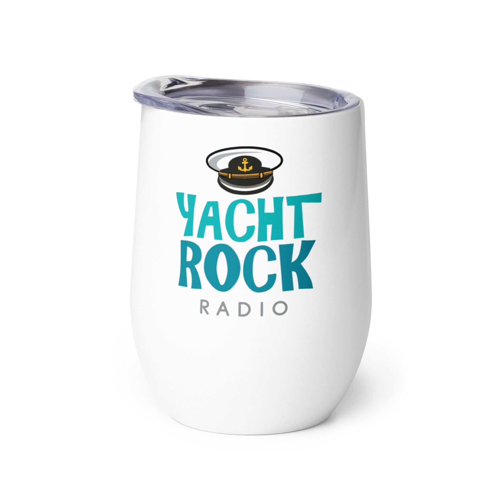 White insulated tumbler featuring 'Yacht Rock Radio' text with a captain's hat logo on top.