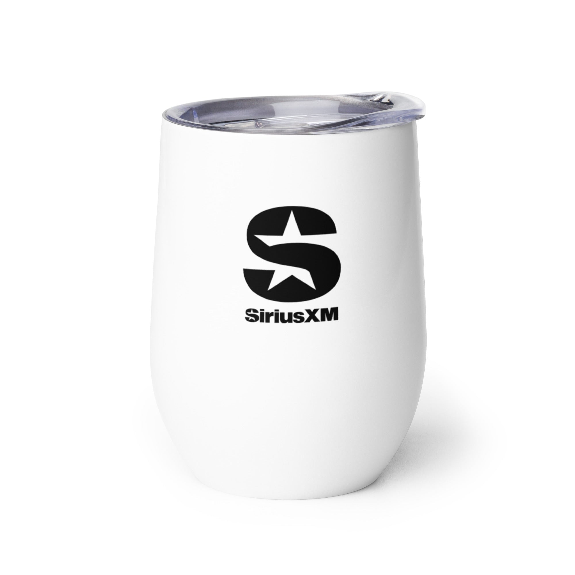 White wine tumbler with SiriusXM' logo.