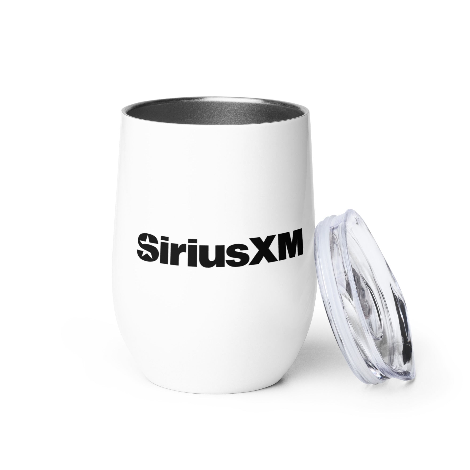 White insulated wine tumbler with a clear plastic lid placed beside it, featuring the black text logo ‘SiriusXM’ on the front.