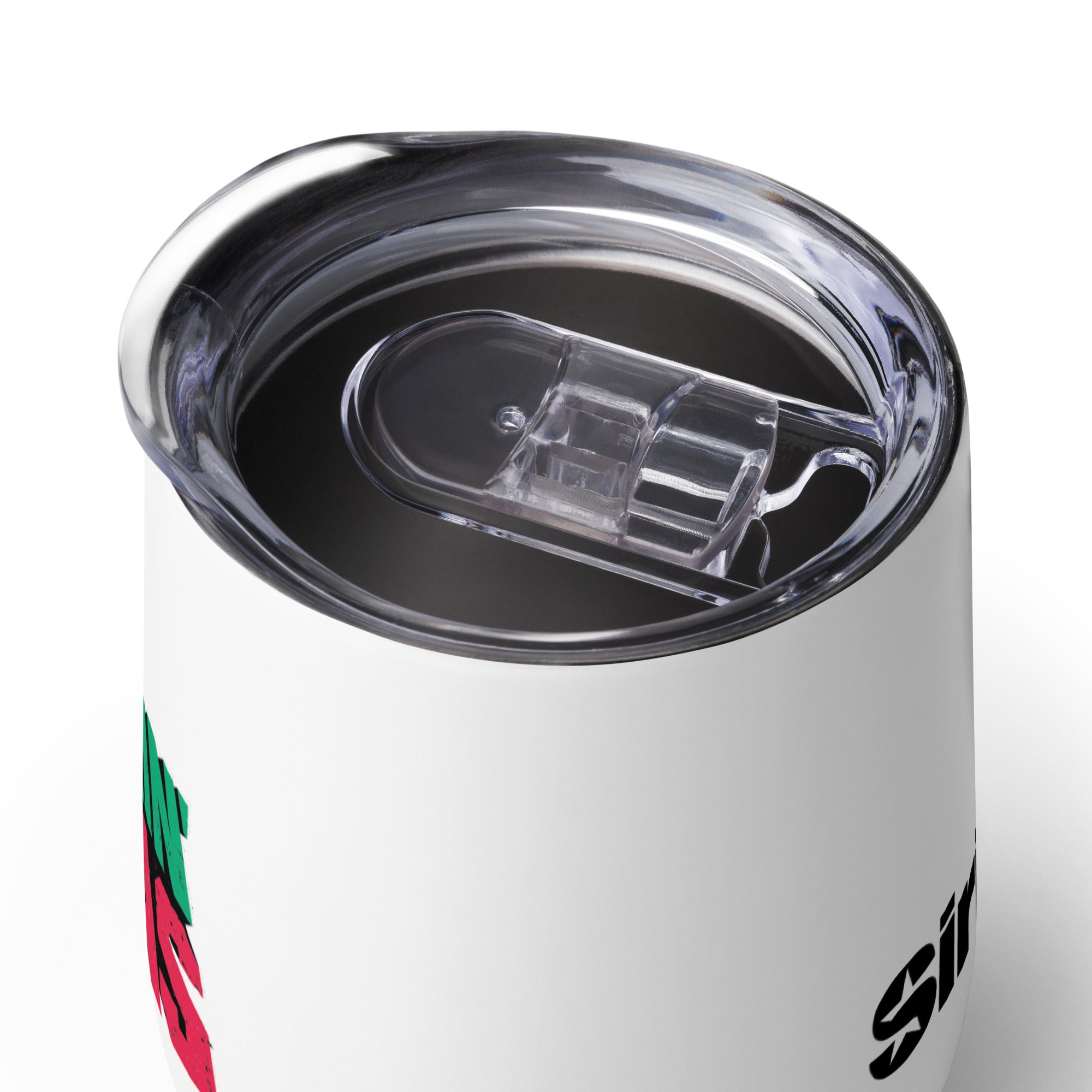 Close-up of the white insulated tumbler’s clear plastic lid, shown attached, with partial views of the ‘SiriusXM’ logo and the red-and-green ‘ROCKIN’ XMAS’ design visible along the sides.