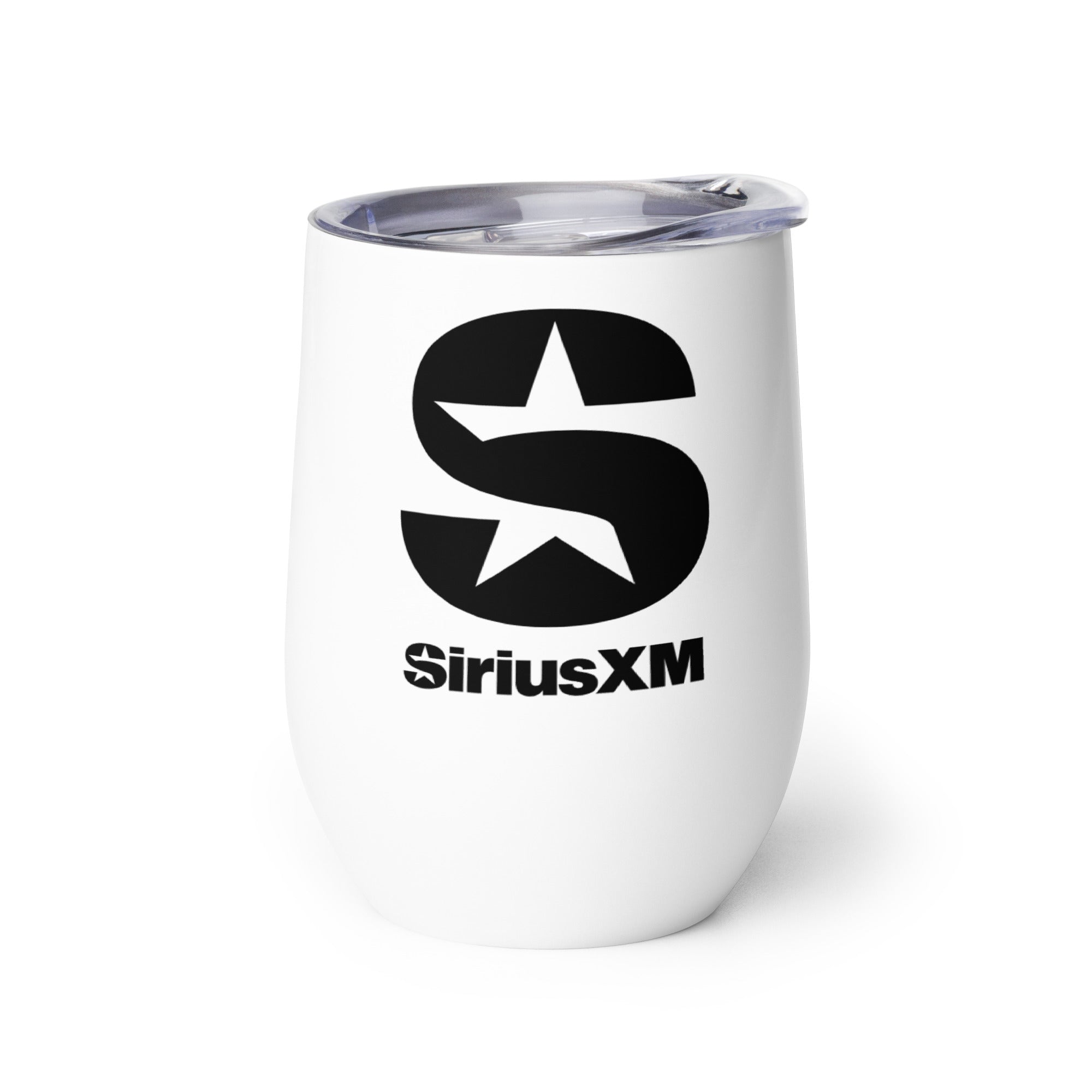 Back side of white insulated tumbler with clear lid featuring 'SiriusXM' logo in black text.