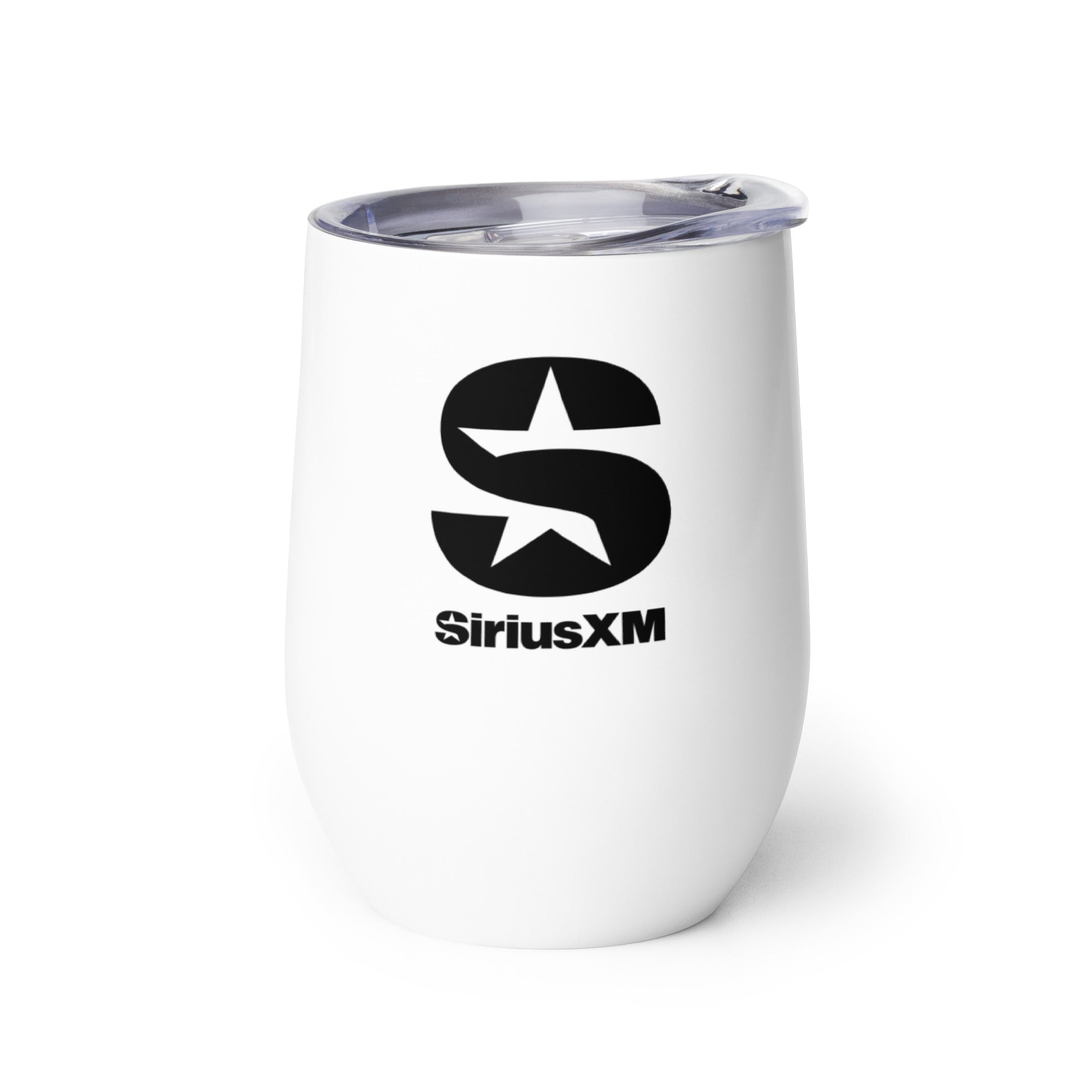 Back side of white insulated tumbler with clear lid featuring 'SiriusXM' logo in black text.