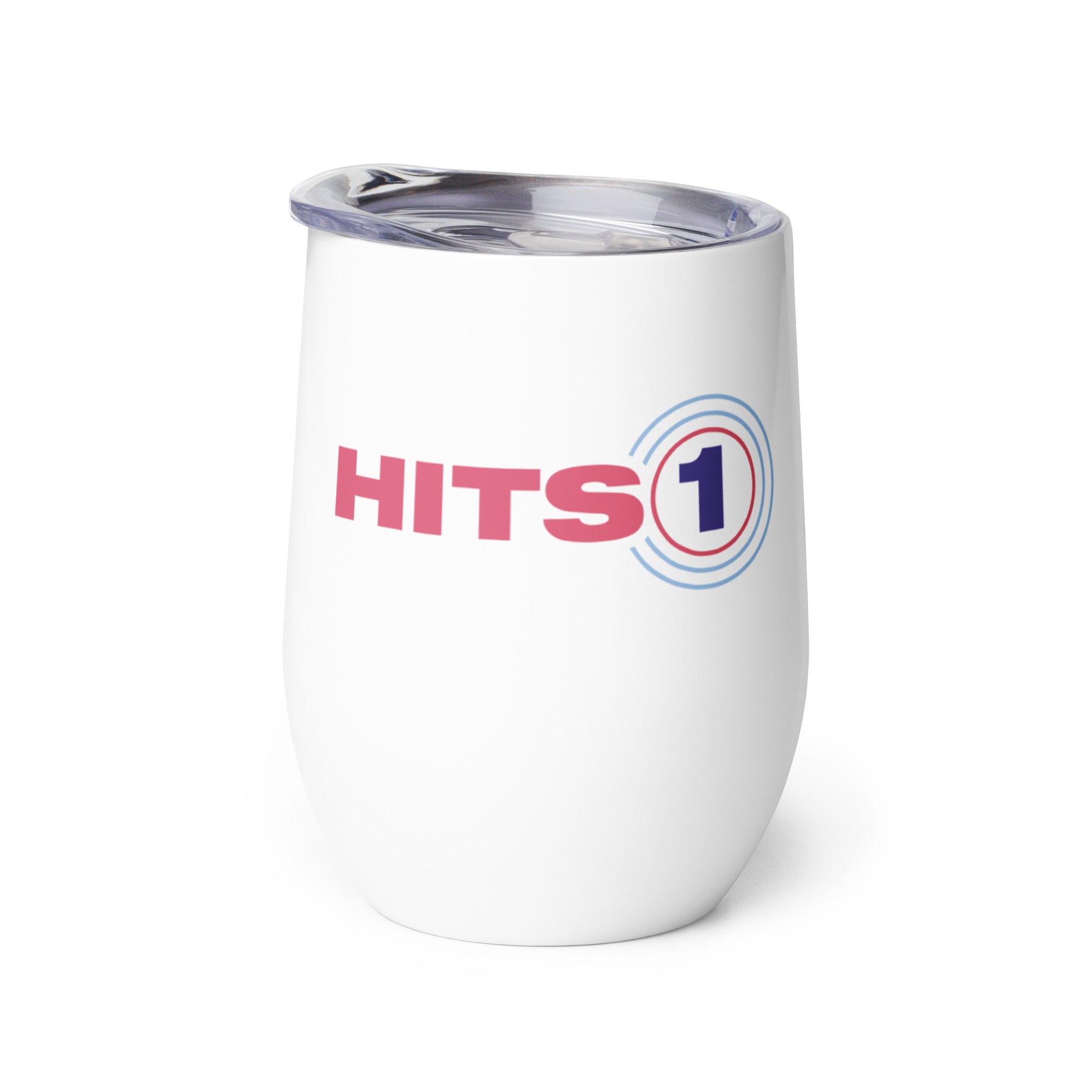 White wine tumbler with 'Hits 1' logo on front.