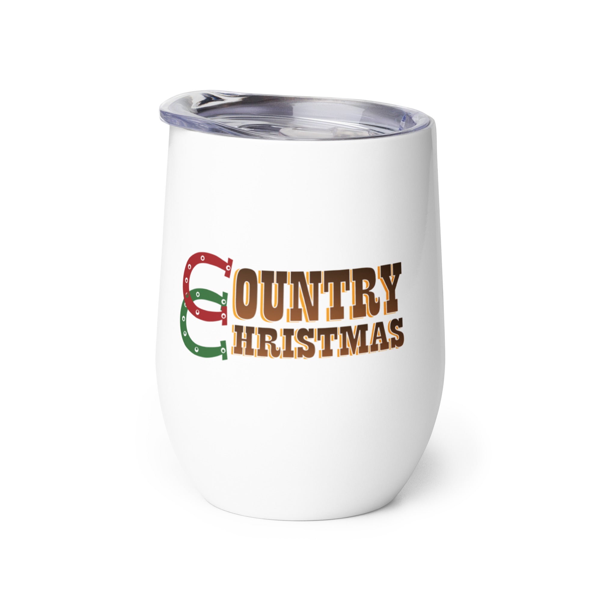 White stainless steel wine tumbler with a clear plastic lid, printed with the words ‘COUNTRY CHRISTMAS’ in brown block lettering, the letter ‘C’ formed by overlapping red and green horseshoes.
