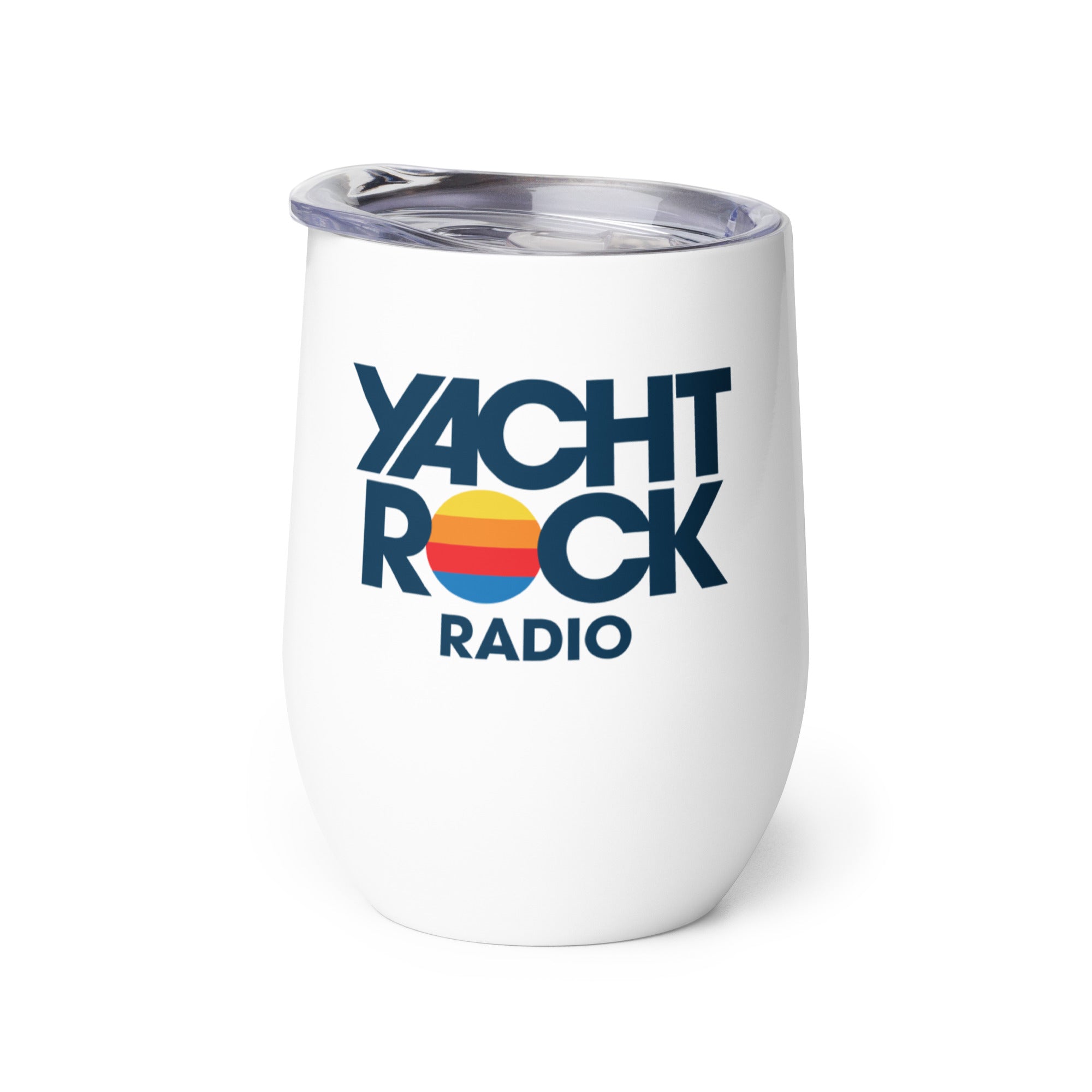 White tumbler with 'Yacht Rock Radio' logo on a white background