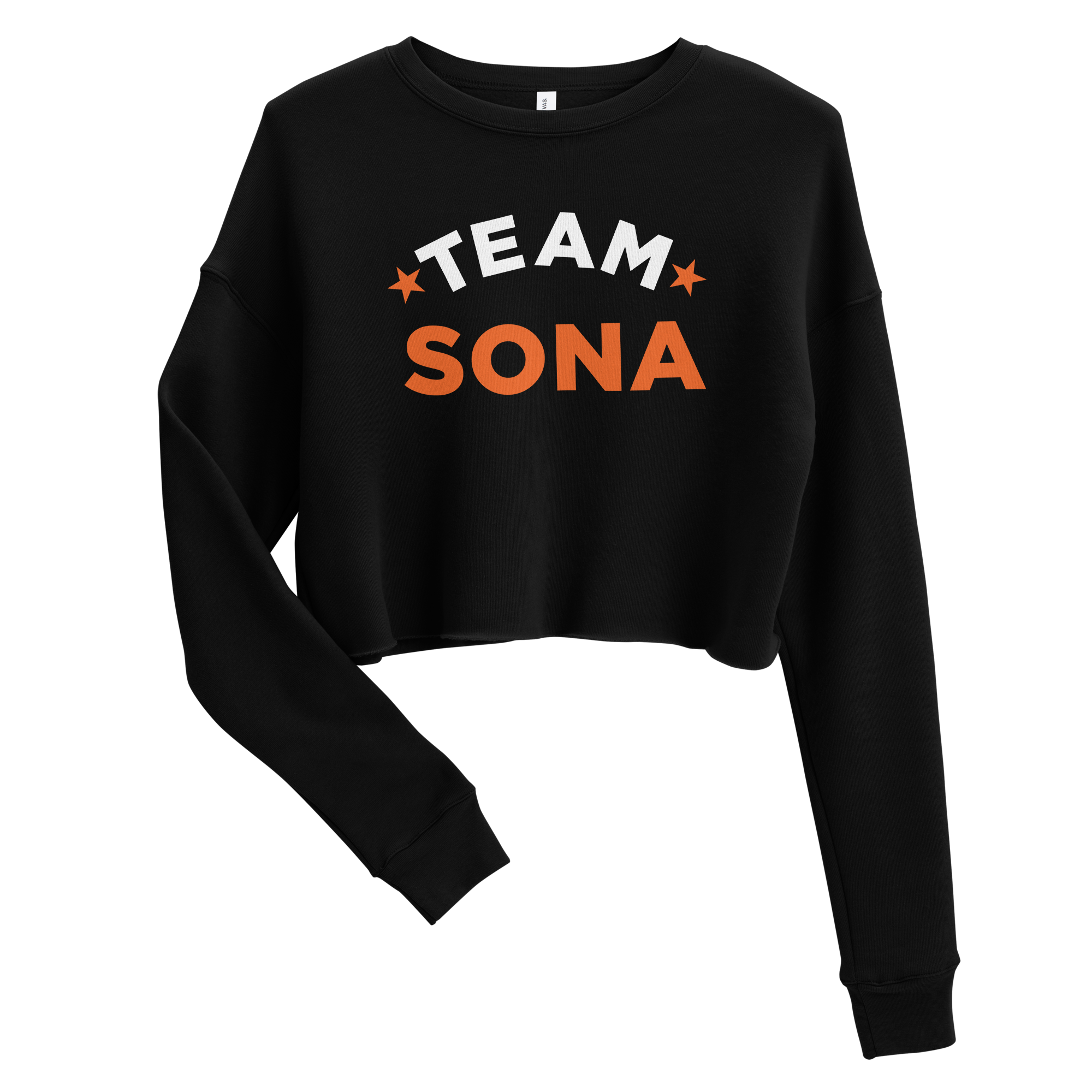 Black cropped sweatshirt with 'TEAM SONA' printed in bold white and orange letters on a black background.