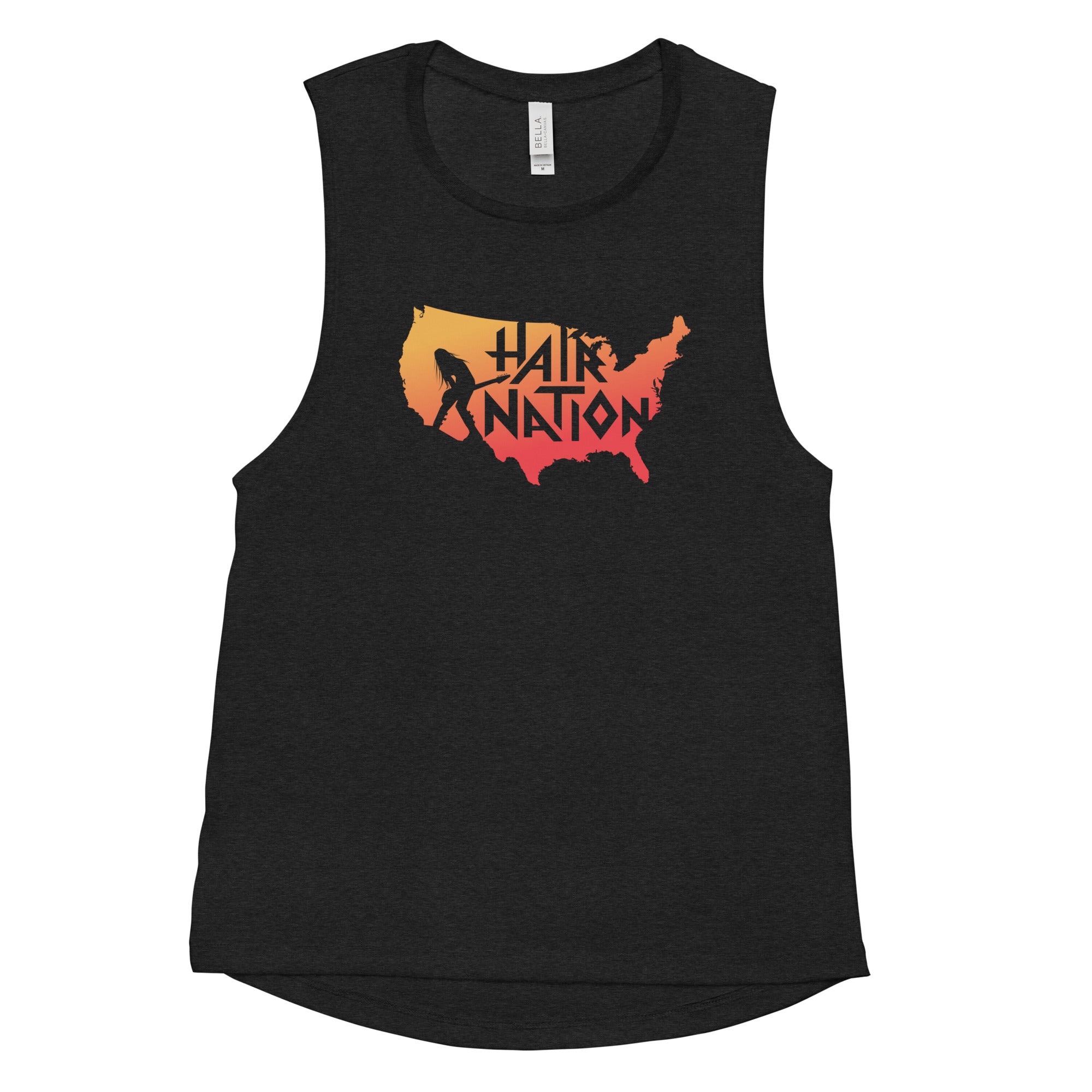A black tank top featuring a graphic design of the United States with the text 'HAIR NATION' in bold letters and a silhouette of a guitarist with long hair.