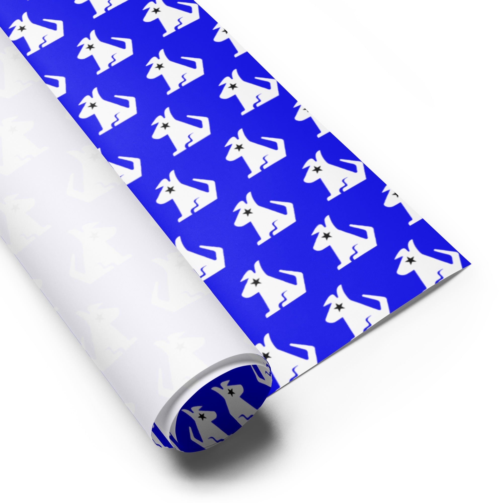 Blue wrapping paper featuring a playful pattern of white dog silhouettes.