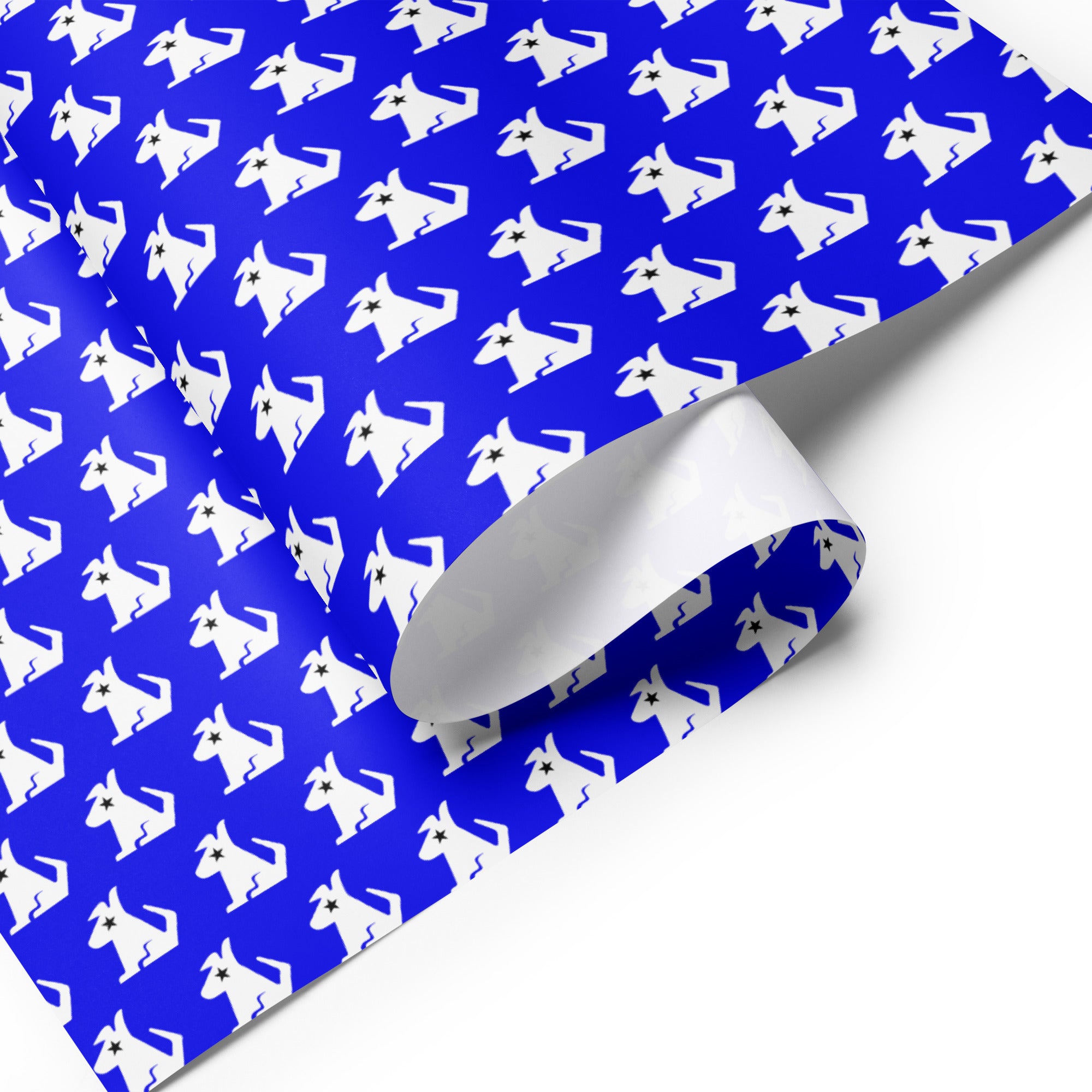 Wrapping paper featuring white dogss on a vibrant blue background.
