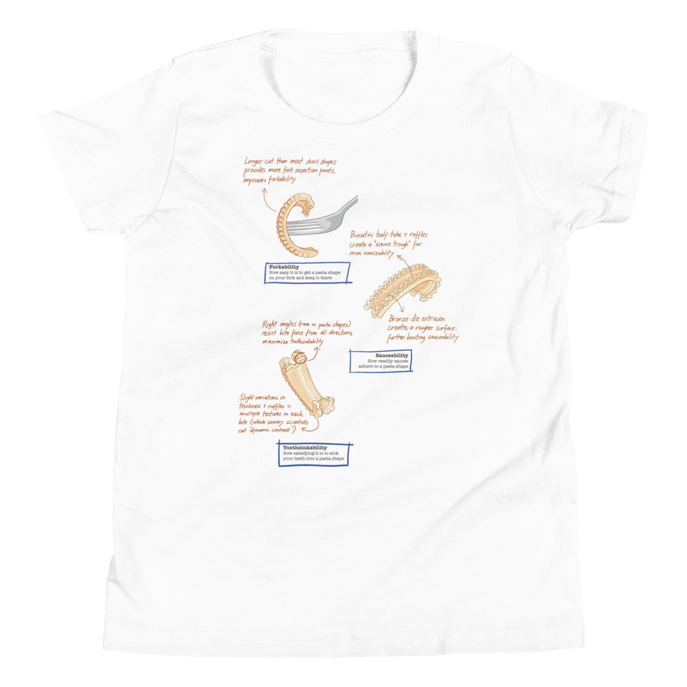 Illustrations on a white t-shirt explaining pasta shape concepts like 'flexibility,' 'sausability' and 'toothsinkability' in the design.