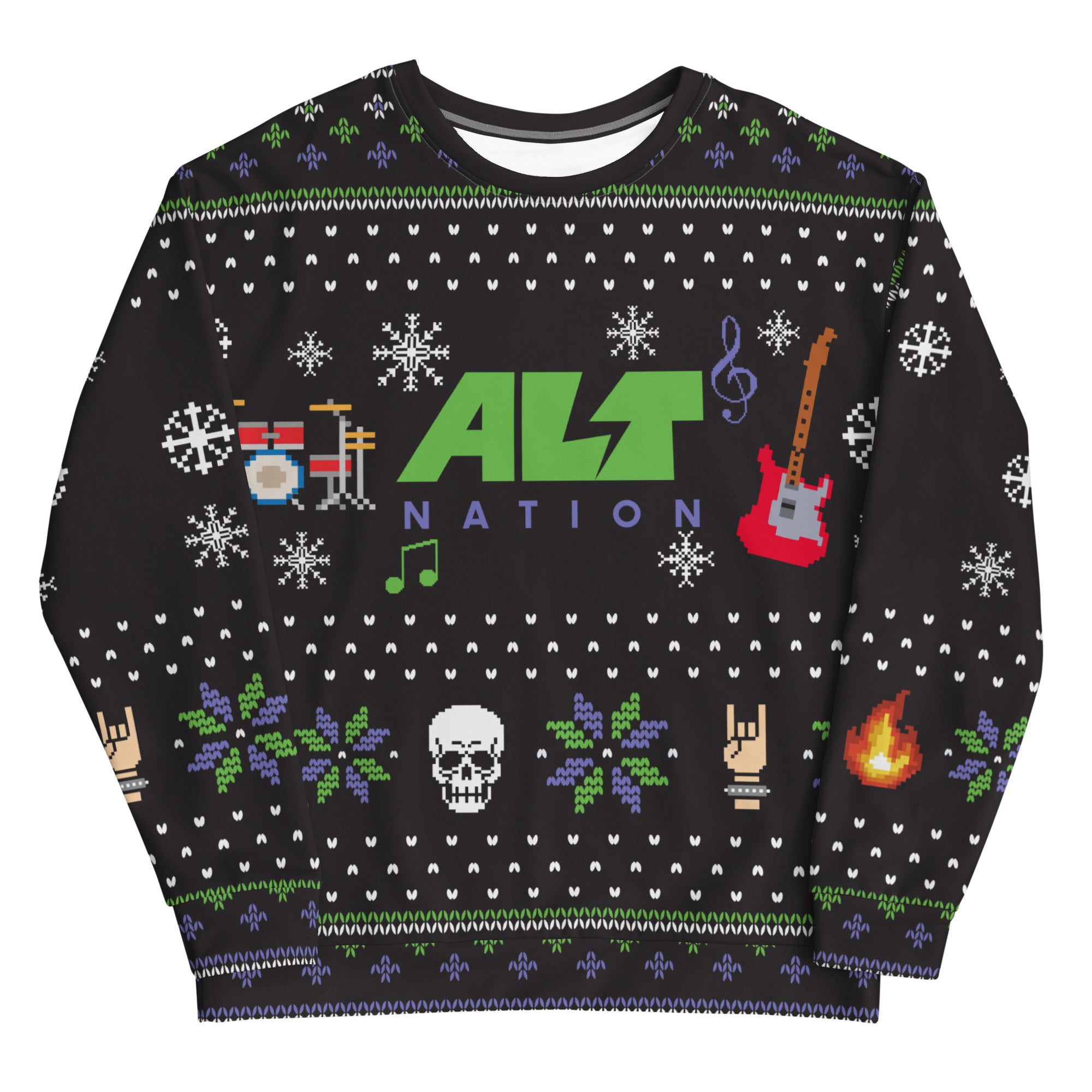 A festive black sweater featuring 'ALT NATION' in green with musical icons, snowflakes, and colorful patterns.