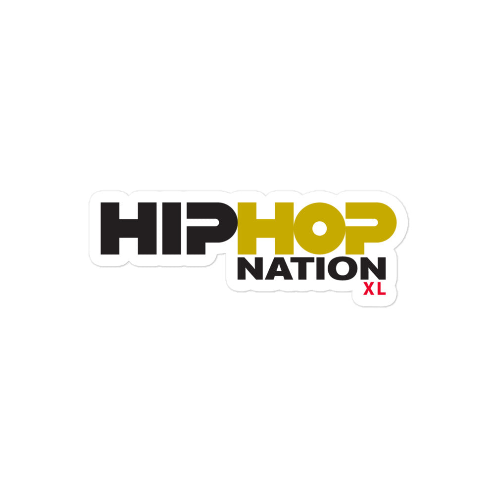 Logo sticker for 'Hip Hop Nation XL' with bold text in black and gold.