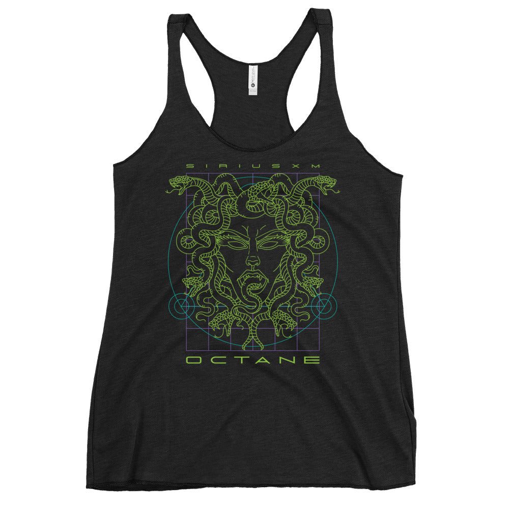 Black tank top featuring a green graphic of a face with snakes, and the text 'SIRIUSXM' and 'OCTANE' below.